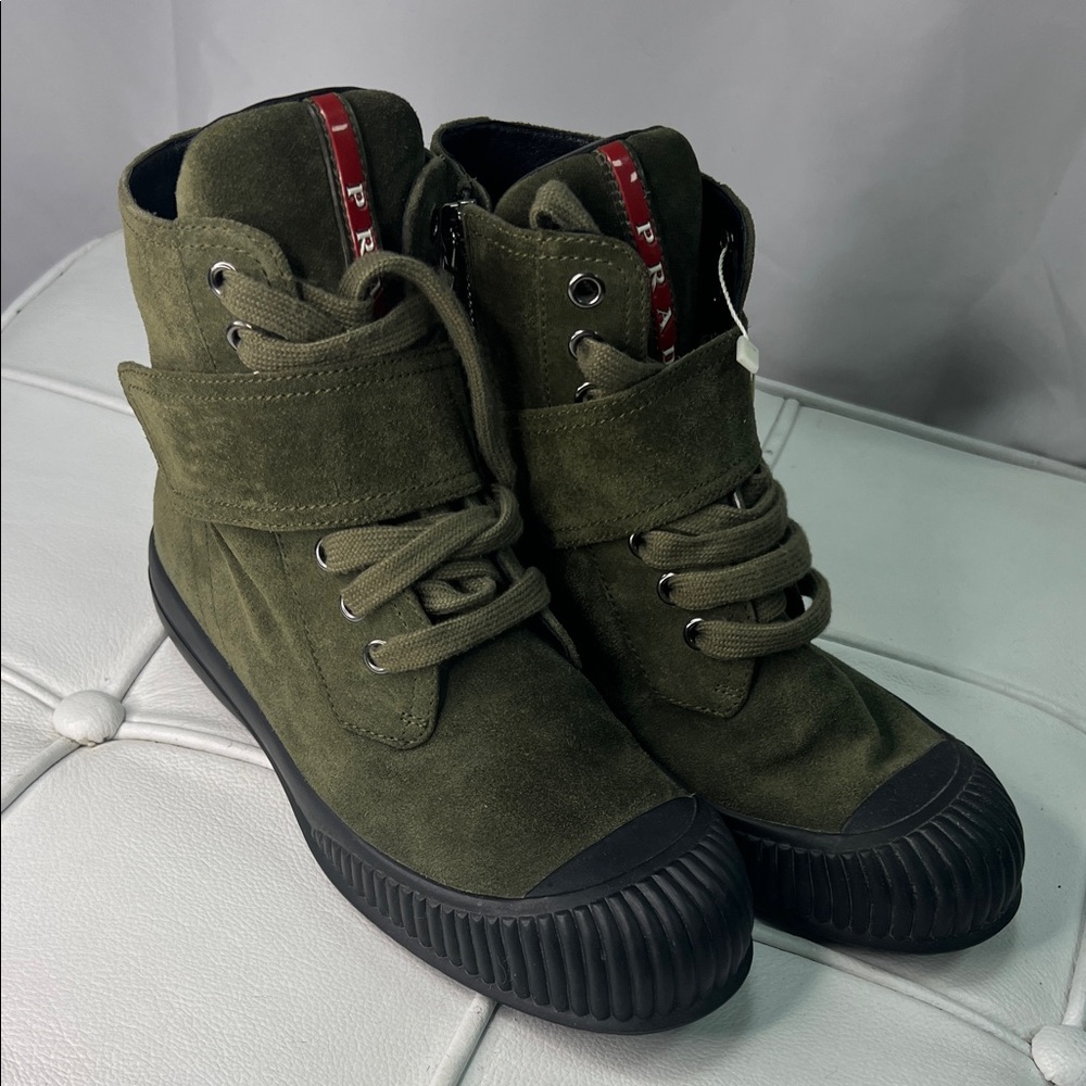 Prada Olive Suede High-Top Sneakers